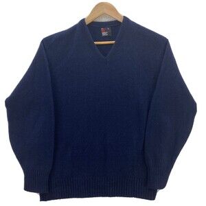 Vintage Robert Bruce Sweater Mens XL Blue Wool V-Neck USA Light Weight Pullover